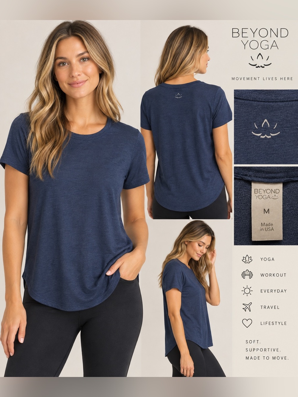 Beyond Yoga Navy Blue Short Sleeve Top Size M
